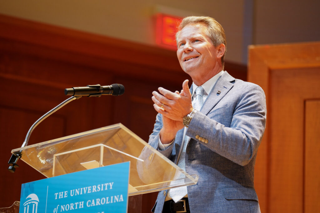 UNC Chancellor Kevin M. Guskiewicz gives opening remarks at the Eve Marie Carson Lecture Series in Moeser Auditorium in Hill Hall on Sept. 28th, 2022.