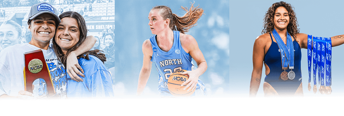 Collage featuring Carolina field hockey players holding a national championship trophy, a Carolina women’s basketball player dribbling a ball and a Carolina diver wearing championship medals on her neck and arm 