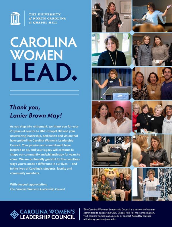 Nov/Dec 2024 Carolina Alumni Review ad, featuring a note to and photos of Lanier May